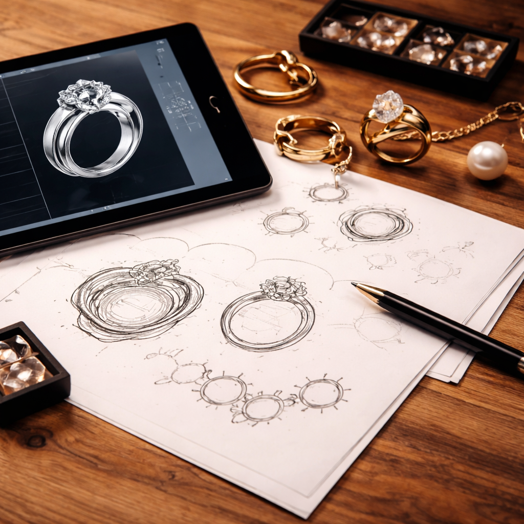 jewelry design process with sketch and CAD development for custom jewelry