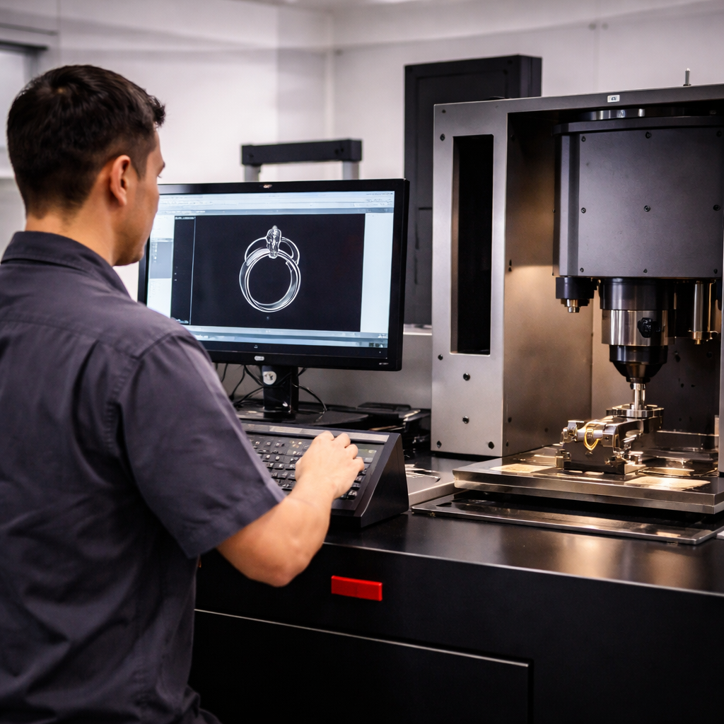 jewelry manufacturing process with CAD design and CNC production in factory