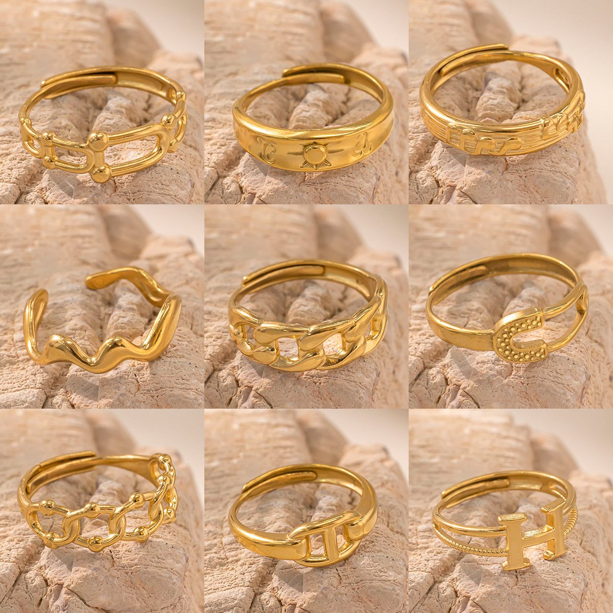 Hydraulic-pressed stainless steel rings with assorted shapes and patterns