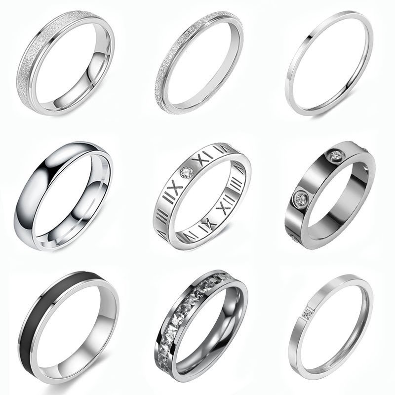 Lathe-machined stainless steel rings with regular circular band designs
