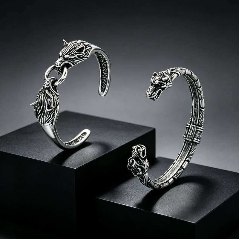 Cast stainless steel cuff bangles with three-dimensional wolf and dragon head details