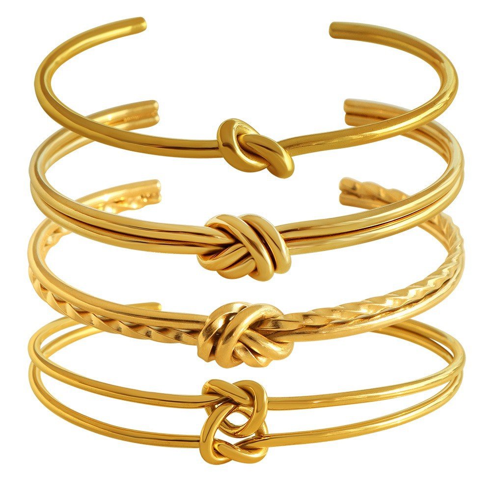 Gold wire-formed stainless steel knot bangles made with plain, double and patterned wire
